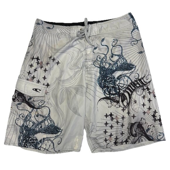 Vintage Y2K O’Neill Board Shorts Mens 36 White Gray Swim Surf Embroidered Logo - Picture 1 of 15